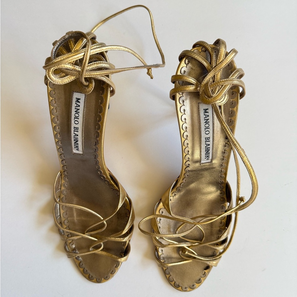 Manolo Blahnik Metallic Gold Leather Strappy Ankle Wrap Sandals